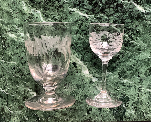2 antique Victorian 1800s glasses engraved with ferns